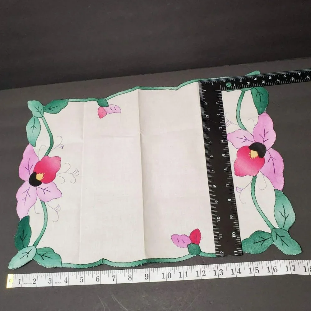 Vintage Handmade Applique Embroidered Placemats, set of 2 Floral Cloth Mats